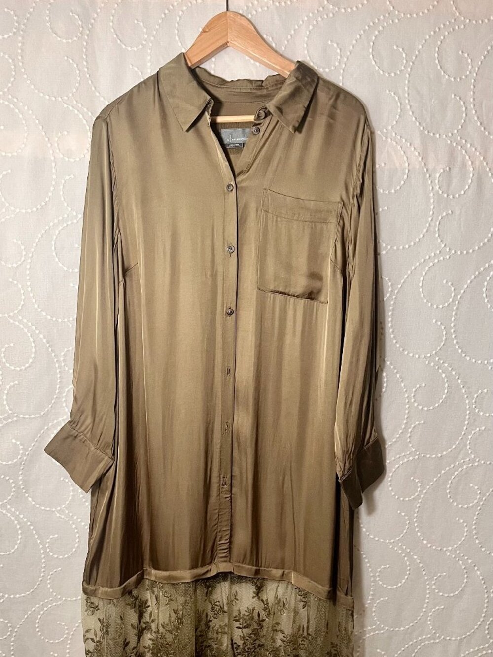 BY Anthropologie Twofer Satin Olive Green/Gold Chartreuse & Lace Maxi Dress 1X